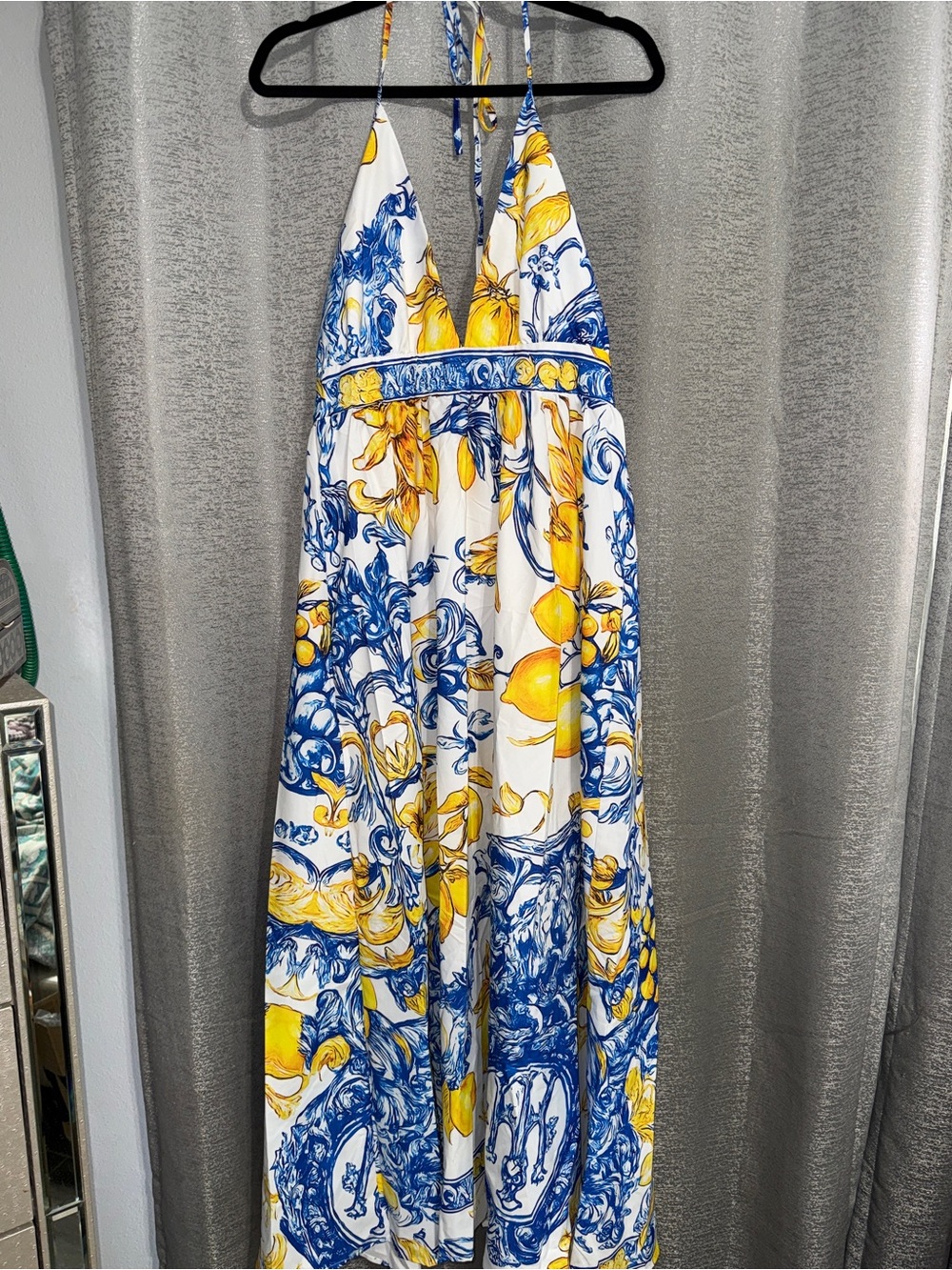Lemon Halter Maxi Dress w Blue & Yellow size L 12/14 matching scarf headband